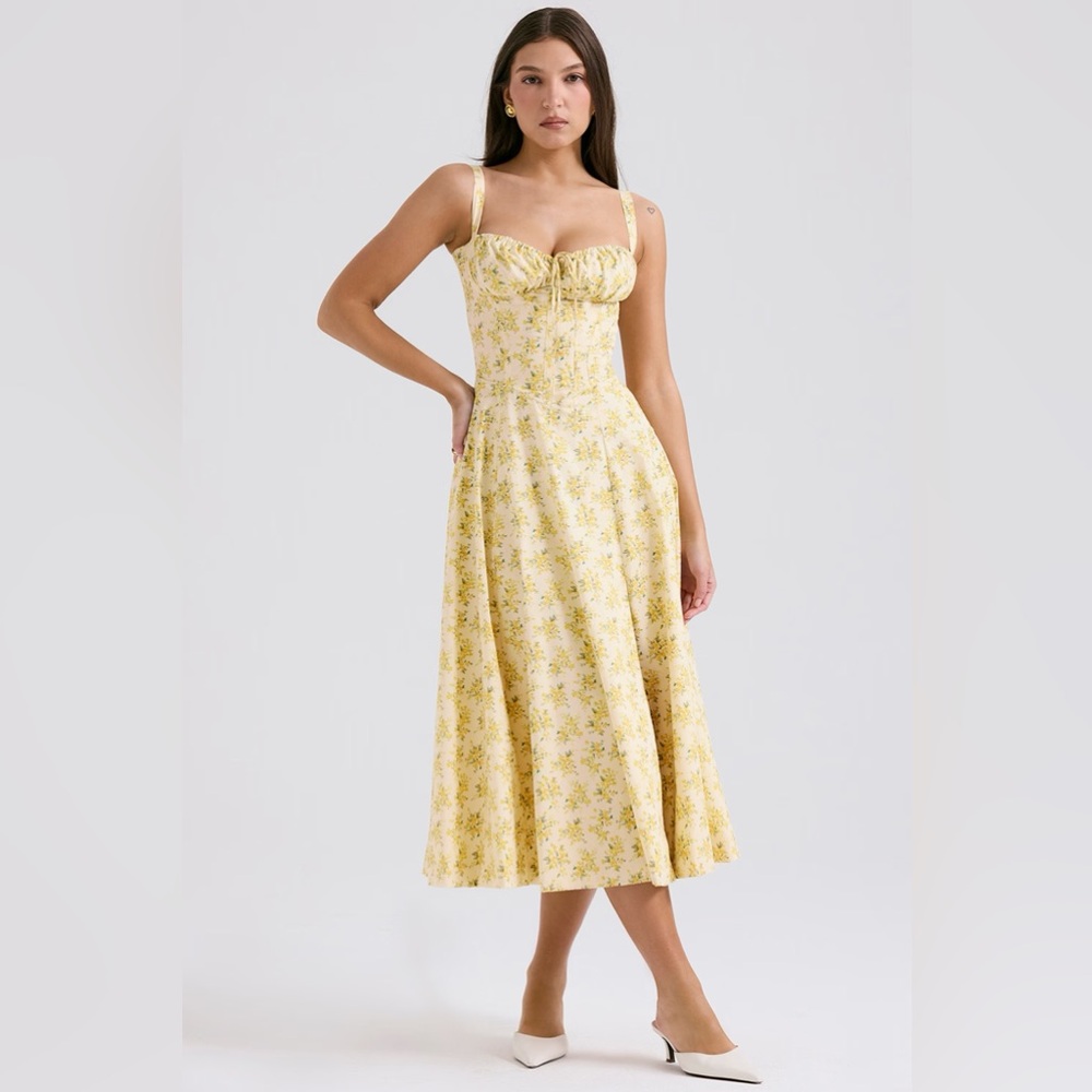 NWT NEW House of CB Carmen Bustier Sundress Yellow Floral Print